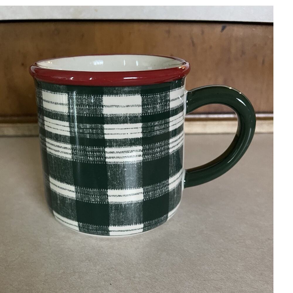 Hearth & Hand Magnolia Ceramic Coffee Mug Green Plaid Red Rim Dishwasher Safe